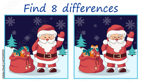 Logic puzzle game. Find 8 differences in Christmas images with Santa Claus on a winter night landscape. Vector illustration for children's development.