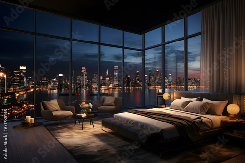 A bedroom with a large window overlooking a city © Kenishirotie