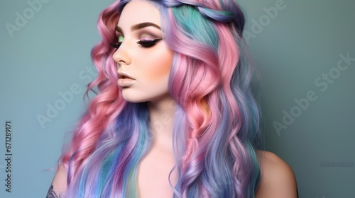 Vivid very colorful, rainbow colored long hair women, generative ai