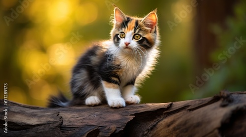 Small and cute tricolor kitten photo in sunlight, generative ai