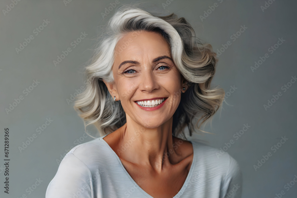 Beautiful gorgeous 50s mid age beautiful elderly senior model woman with grey hair laughing and smiling. Mature old lady close up portrait. Healthy face skin care beauty, skincare cosmetics, dental. - obrazy, fototapety, plakaty 