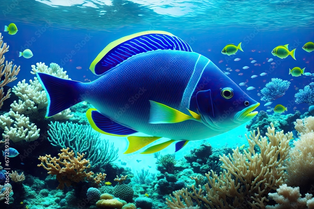 Underwater coral reef landscape with fish, generative ai, in the deep blue ocean with colorful marine life Underwater coral reef landscape with fish, generative ai, in the deep blue ocean with colorful marine life