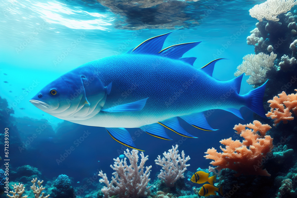 Underwater coral reef landscape with fish, generative ai, in the deep blue ocean with colorful marine life