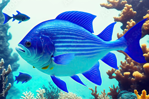 Underwater coral reef landscape with fish, generative ai, in the deep blue ocean with colorful marine life
