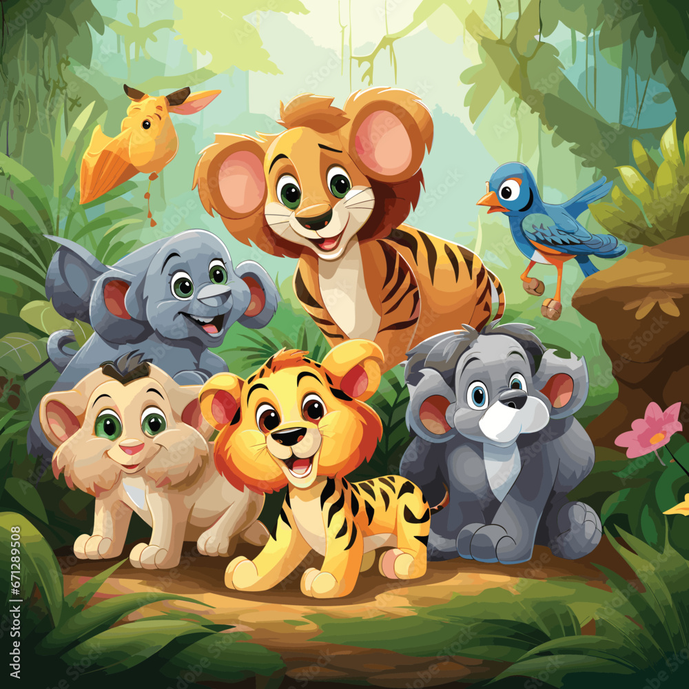 Fototapeta premium Group of happy animals cartoon in the jungle illustration