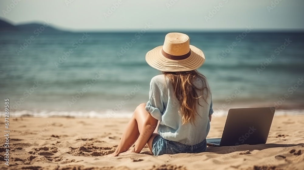 Remote work concept. Cheerful cute woman working on a laptop on vacation. Work concept. Freelance concept. Remote work concept. Travel concept.