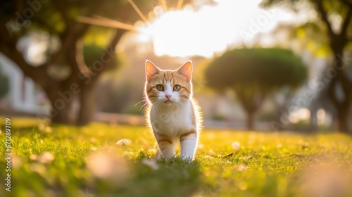 Small and cute red and white kitten photo in sunlight, generative ai