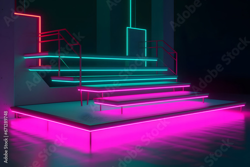 Modern product showcase sci-fi podium with glowing light neon background. Neural network AI generated art