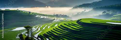 High panoramic view of beautiful green rice paddy fields in Asia. Stunning travel background