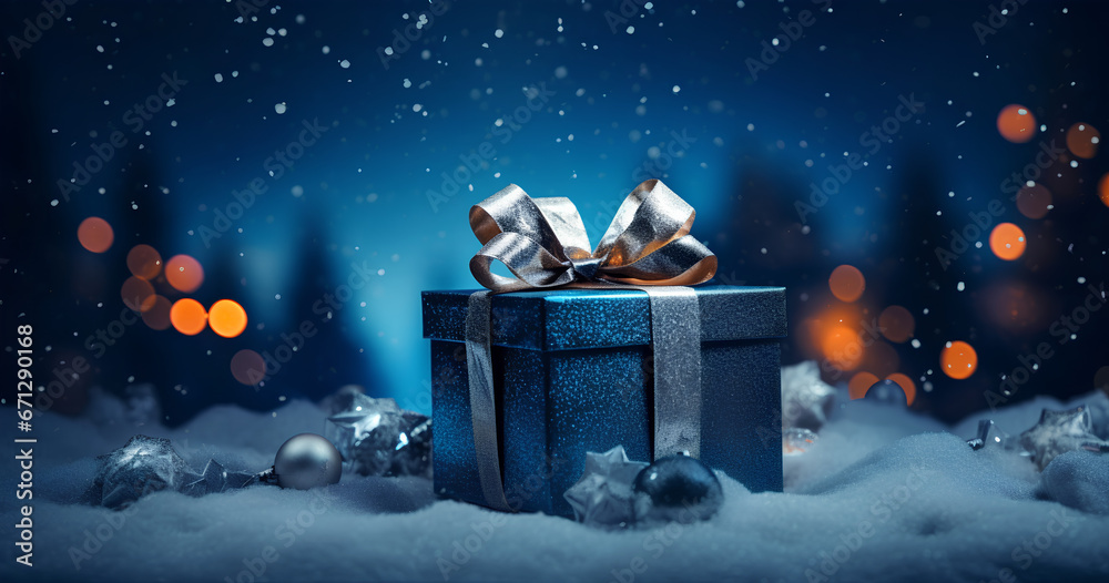 Fototapeta premium Blue gift on snow covered ground