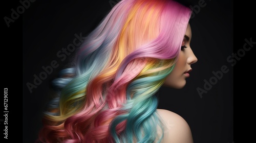 Vivid very colorful, rainbow colored long hair women, generative ai