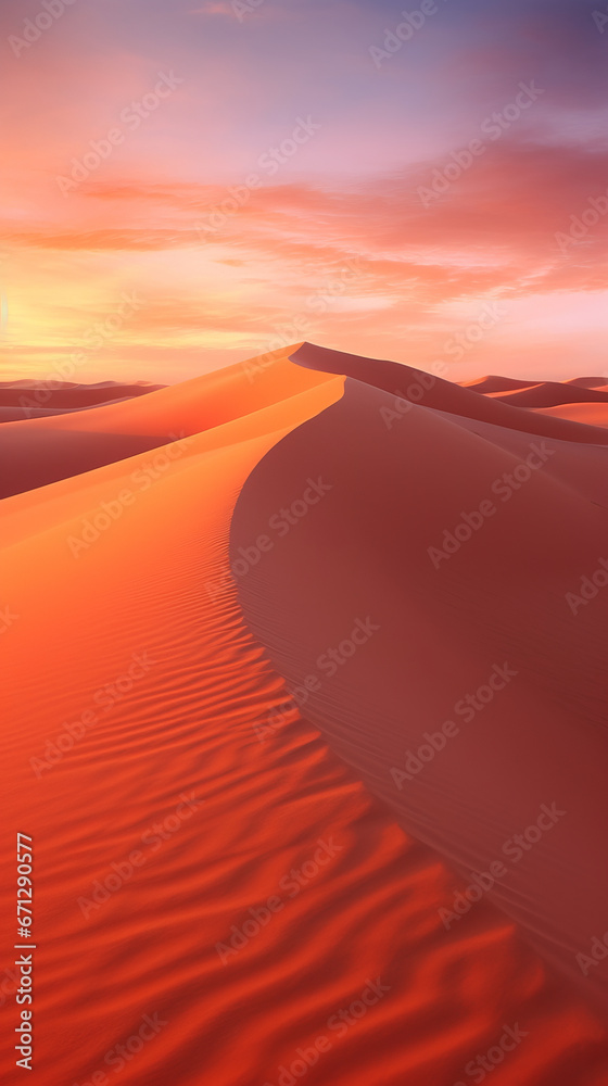 A desert landscape with sand dunes at sunset