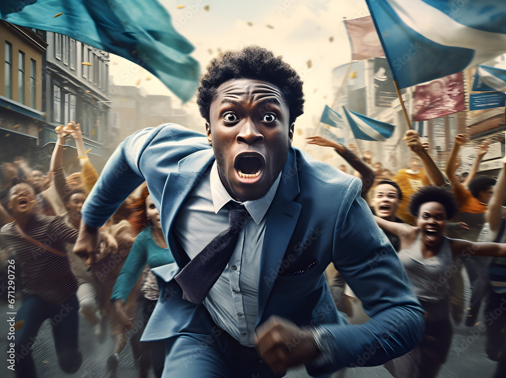 Obraz premium businessman in panic running away with crowd