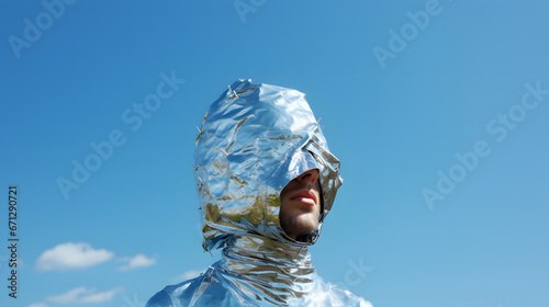conspiracy theory person with aluminum tin foil hat on his head protecting from outside forces photo