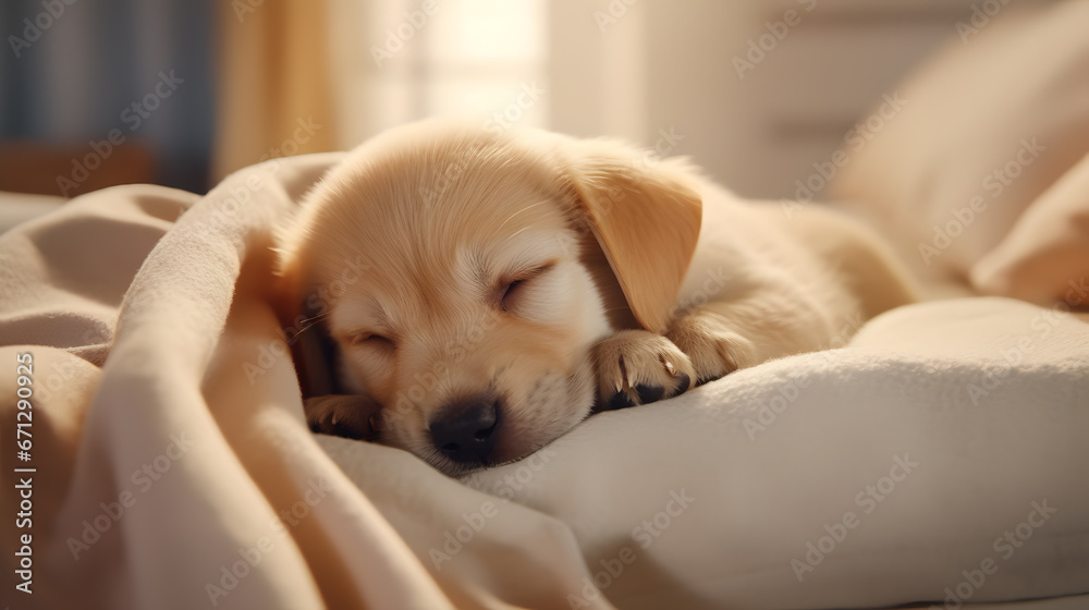 close up of a sleepy puppy sleeping on a couch with blankets