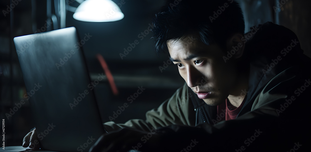 asian man working focused late at night in the dark on a laptop