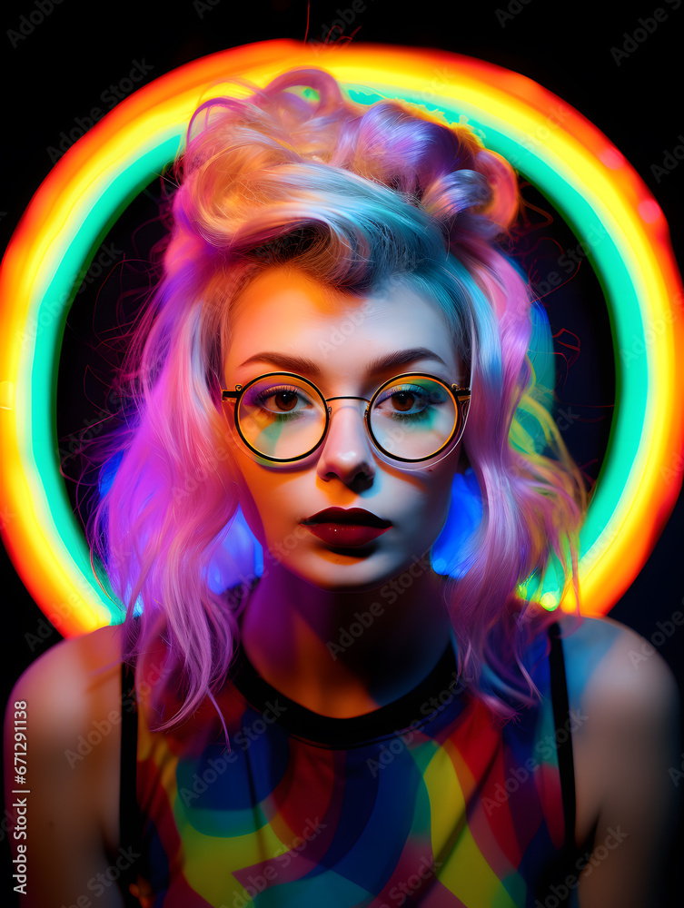 abstract portrait of a woman with glasses in front of light circles abstract portrait of a woman with glasses in front of light circles
