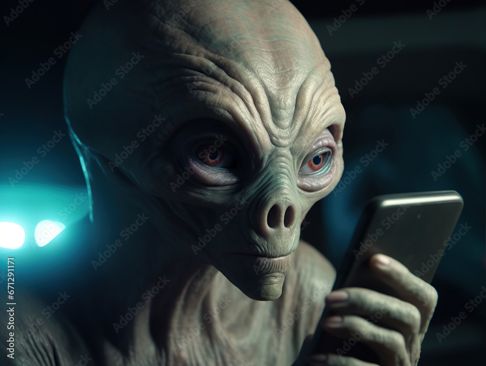 A classic-looking alien of a grayish-greenish hue, with a large head and no hair, is looking at a smartphone. Close-up, selected focus. Alien looking at smartphone A classic-looking alien of a grayish-greenish hue, with a large head and no hair, is looking at a smartphone. Close-up, selected focus. Alien looking at smartphone
