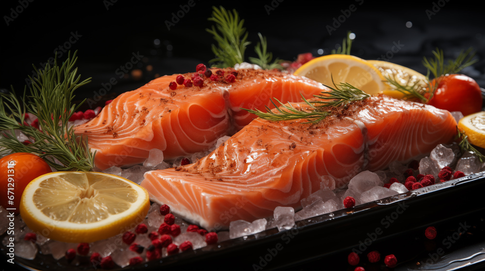 Slices of fresh salmon on a wooden cutting board with lemon slices, herbs, cherry tomatoes on a branch, olives, red chili peppers, peas, lettuce, salt and ice. Generative AI Slices of fresh salmon on a wooden cutting board with lemon slices, herbs, cherry tomatoes on a branch, olives, red chili peppers, peas, lettuce, salt and ice. Generative AI