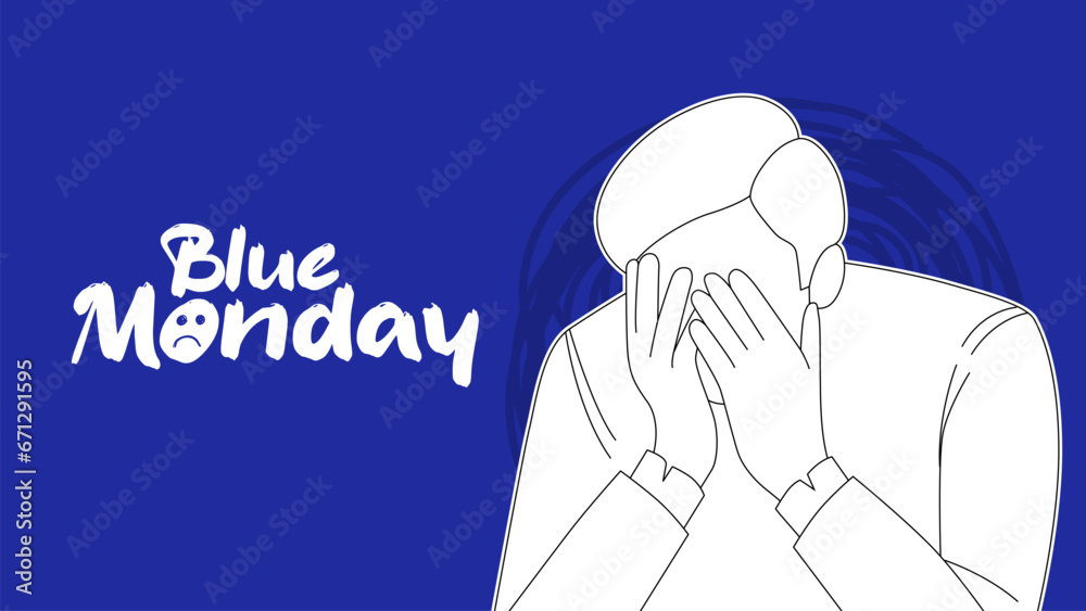 Blue Monday With Calligraphy Title and Sad Depressed Man Covering His Face Illustration