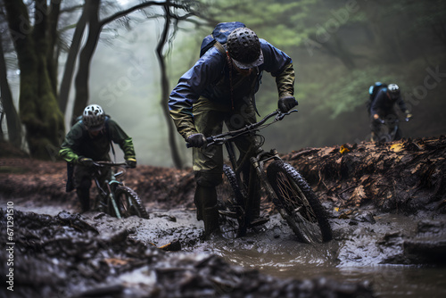 two people biking on a rocky road in dirty with muddy mud faces