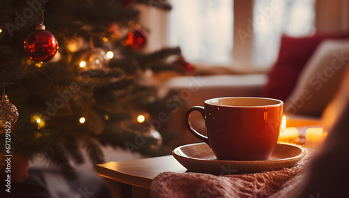 cup of coffee hot chocoalte with winter christmas decoration