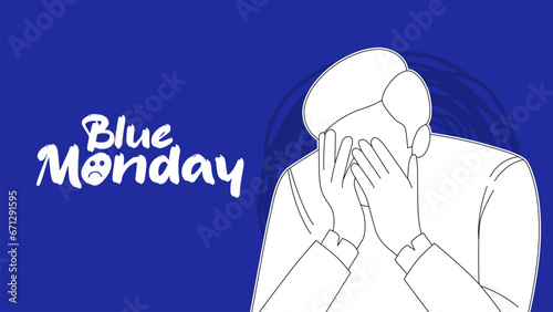 Blue Monday With Calligraphy Title and Sad Depressed Man Covering His Face Illustration