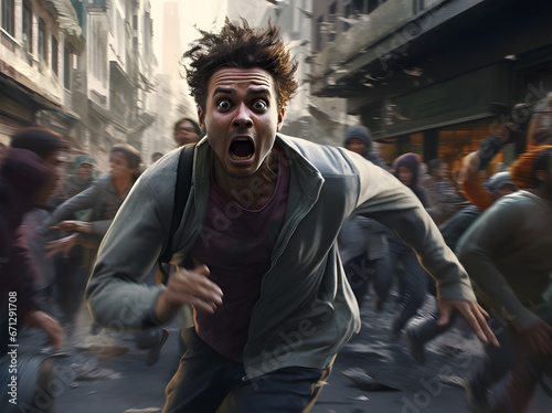 man in panic running away with crowd photo