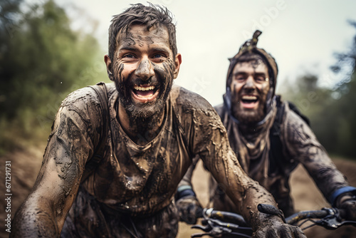 two people having fun biking in dirty with muddy mud faces
