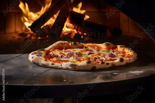 pizza close to a professional wood fired pizza oven