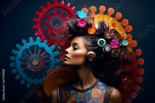 Portrait of a woman surrounded by colorful gears and wheels, depicting the concept of neurodiversity photo