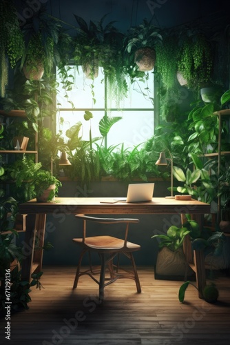 The interior of the workplace is surrounded by a lot of home plants. Eco-friendly. AI generating