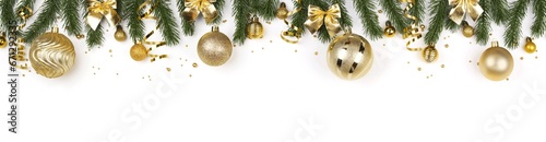 christmas border with golden balls and fir branches