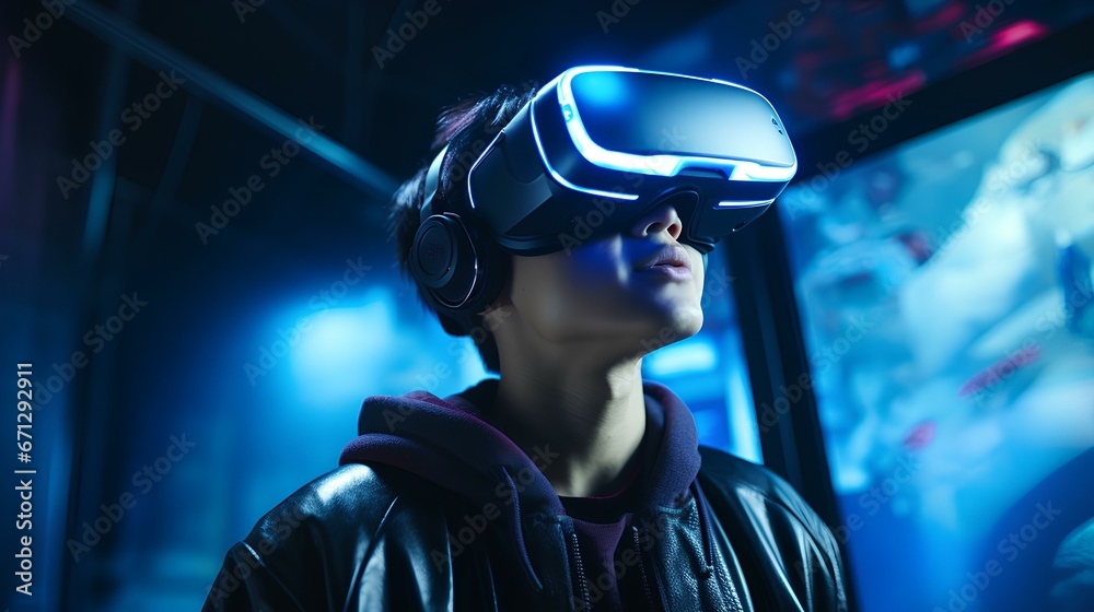 New age of 3D gaming technology. Live 3D playing experience. a young man who enjoys playing games. generative AI