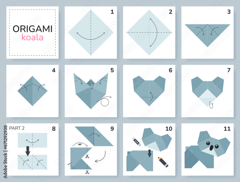 Koala origami scheme tutorial moving model. Origami for kids. Step by step how to make a cute origami koala. Vector illustration. - obrazy, fototapety, plakaty 