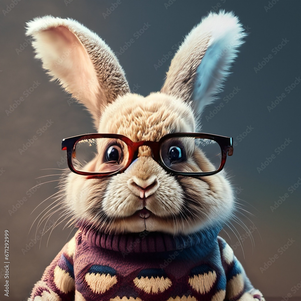 a cute rabbit wearing sweater and glasses looking at you