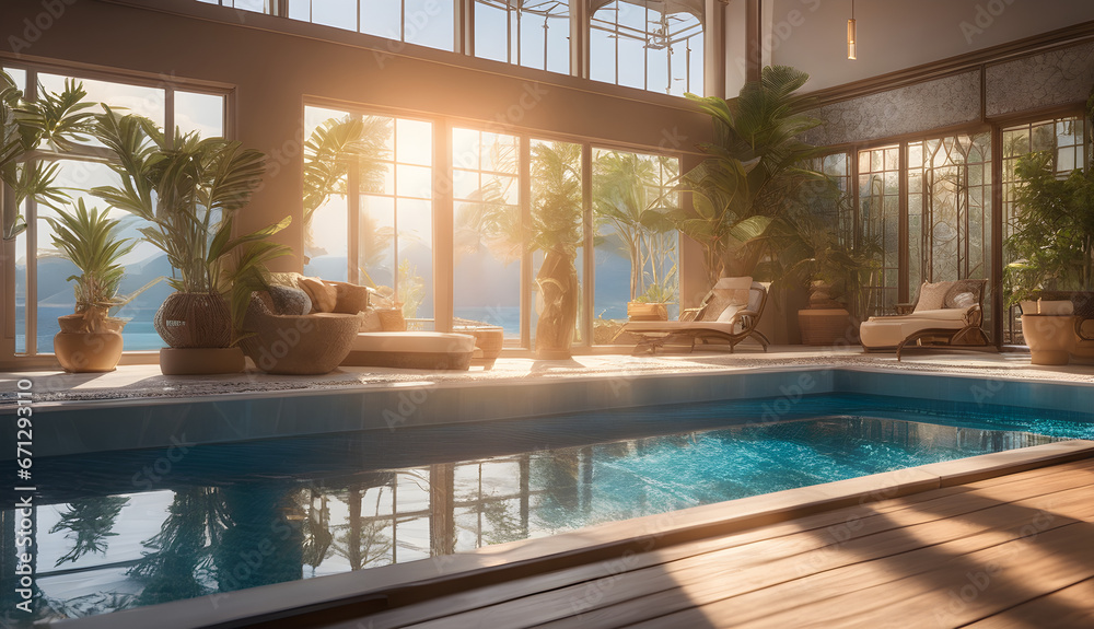 Luxury property with a bright indoor lounge area with a swimming pool, real estate, Buildings and Architecture concept, generative ai	