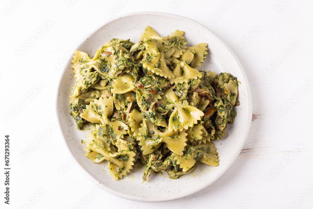 Mackerel pasta with basil. Balanced Mediterranean dish rich in omega 3.