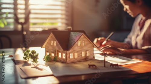 A small house model on the table. Paper signing. Real estate buying concept. Financing plan.