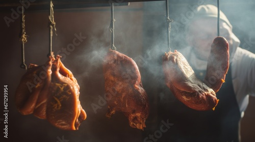 Smoked delicious meat with natural wooden smoke. Moody lighting. Website header or social media use.
