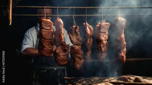 Smoked delicious meat with natural wooden smoke. Moody lighting. Website header or social media use. photo