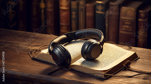 books with the earphones. Audiobooks. Listen and study concept. photo
