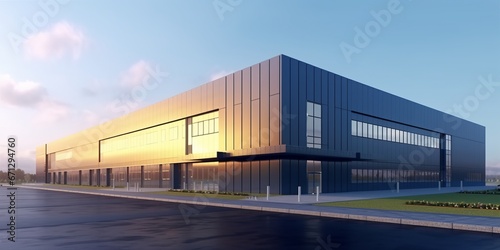 Newly built logistics park with warehouse, loading hub photo