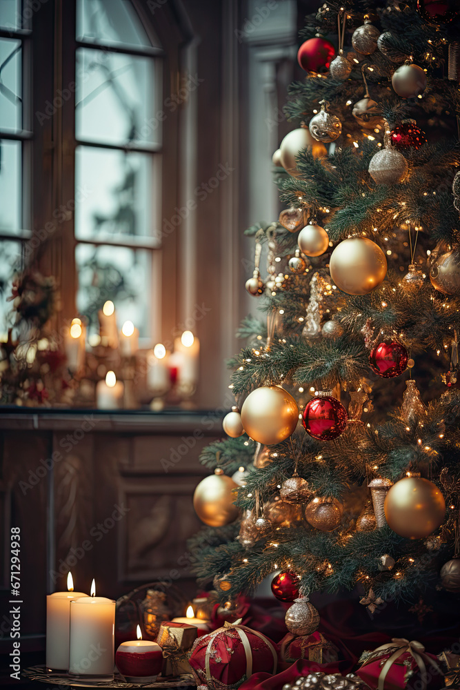 Wonderful Christmas time. Magic Christmas tree decorated with vintage ornaments and garlands