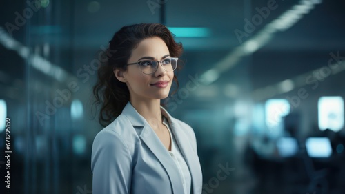 Smiling female scientist standing in a modern lab created with Generative AI © mg photo