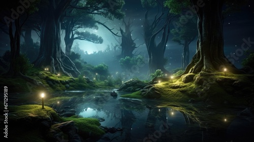 Serene woodland with water reflections and shining flora. Dreamy nature concept.