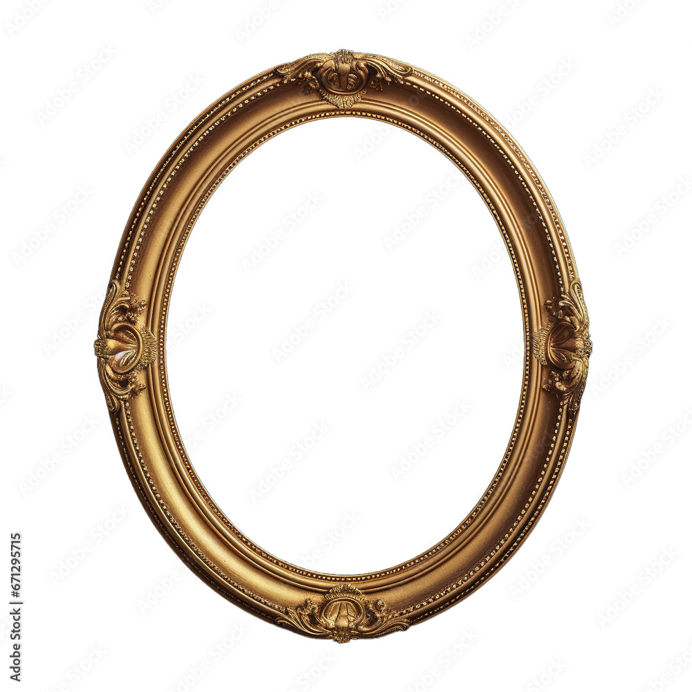 Antique round oval gold picture mirror frame isolated on transparent white background, png, cutout - obrazy, fototapety, plakaty 