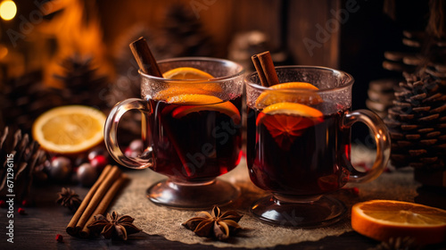 Warm and cozy. Glass cups of winter mulled wine with spices and orange slices. Still life with a traditional drink. Cheerful New Year festive atmosphere. Generative AI