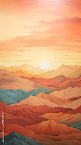 A painting of a sunset over a mountain range