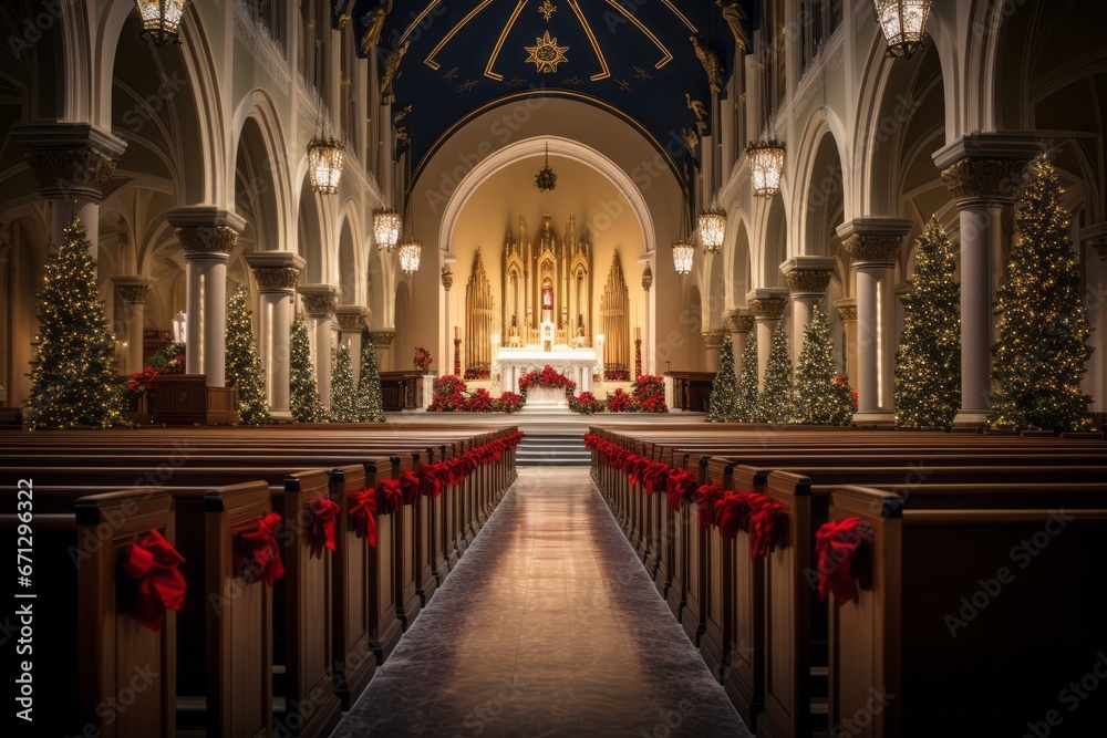 Beautifully decorated church interior with candlelit pews, emphasizing the spiritual aspect of Christmas celebrations. Generative Ai